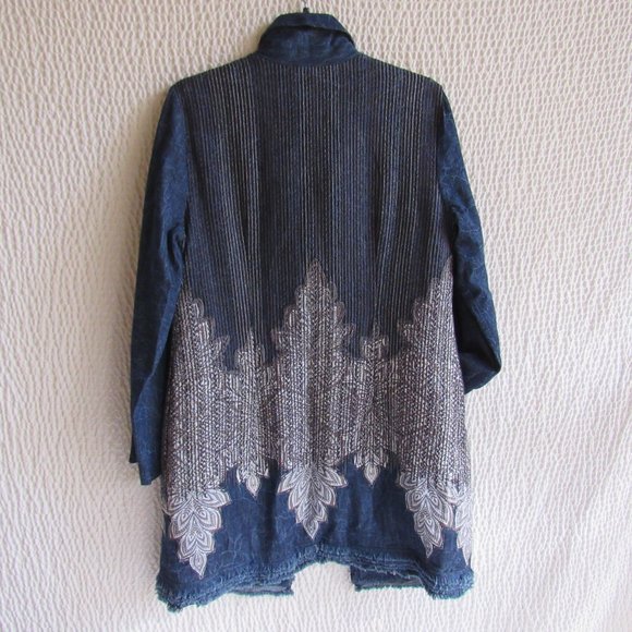 Long Denim Embordered Jacket Duster M Khaki White Stitching Lightweight Pockets - Picture 12 of 14